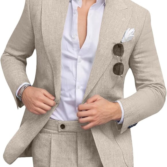 Elegant Men's Beige Linen Suit Slim Fit with Peak Lapel for Weddings & Proms